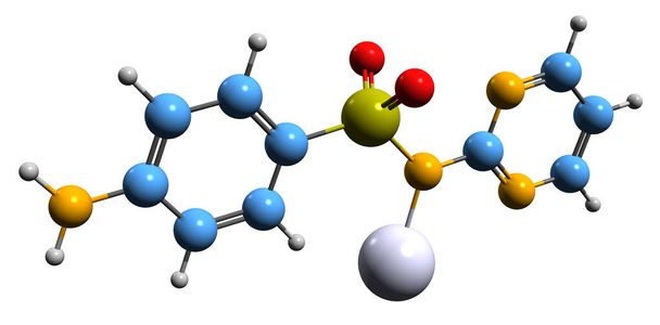  3D obraz Srebrnej formuły szkieletowej sulfadiazyny - molekularna struktura chemiczna miejscowego antybiotyku izolowanego na białym tle - Zdjęcie, obraz