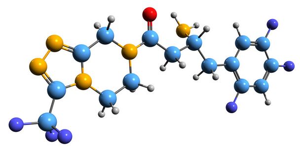  Immagine 3D della formula scheletrica di Sitagliptin - struttura chimica molecolare del farmaco antidiabetico isolato su sfondo bianco - Foto, immagini