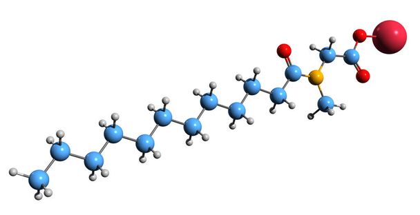  3D зображення натрію Лауроіла Саркосинатного скелета - молекулярна хімічна структура аніонного сюрфактанта, ізольована на білому тлі. - Фото, зображення