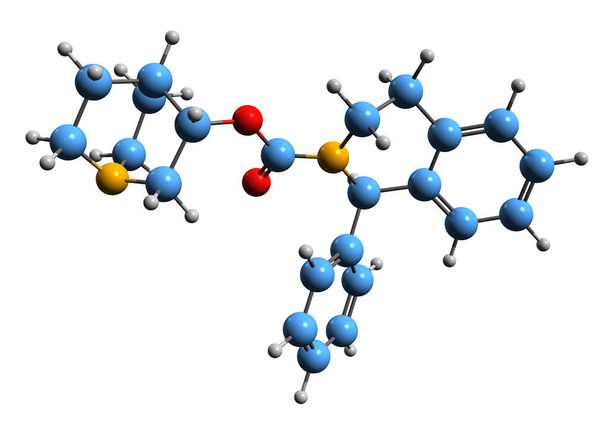  Imagen 3D de la fórmula esquelética de Solifenacina: estructura química molecular de la medicación hiperactiva de la vejiga aislada sobre fondo blanco - Foto, Imagen