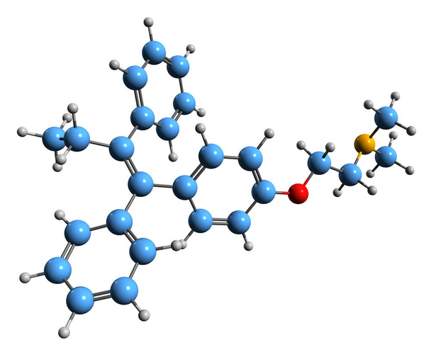 3D-kuva tamoksifeenin luustomuodosta - selektiivisen estrogeenireseptorimodulaattorin molekyylinen kemiallinen rakenne eristettynä valkoisella taustalla - Valokuva, kuva