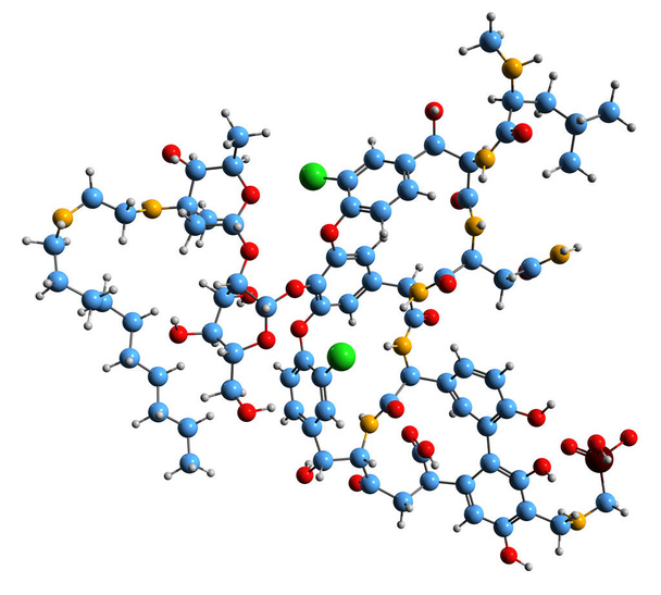  Image 3D de la formule squelettique de la télavancine - structure chimique moléculaire du lipoglycopeptide bactéricide isolé sur fond blanc - Photo, image