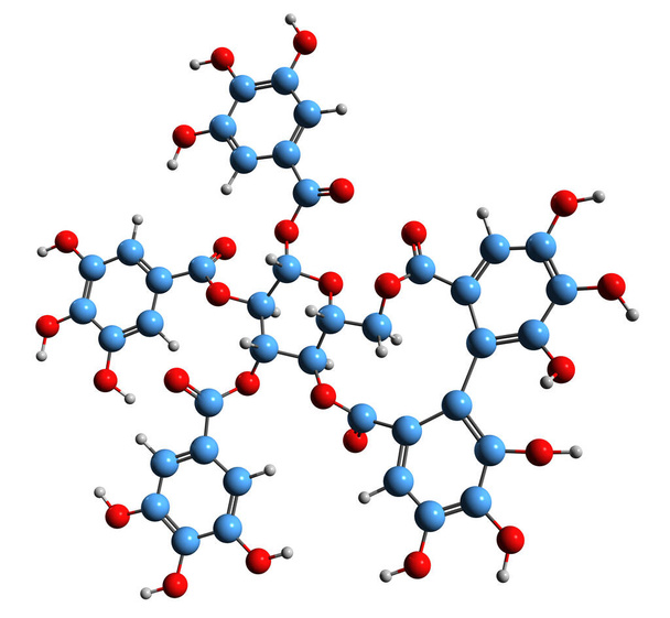  3D-Aufnahme der Tellimagrandin II-Skelettformel - molekulare chemische Struktur von Ellagitannin isoliert auf weißem Hintergrund - Foto, Bild