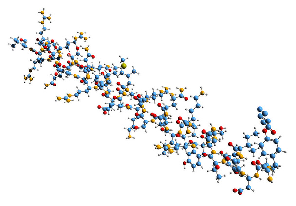 Imagen 3D de la fórmula esquelética de Tesamorelin - estructura química molecular de GHRH sintético aislado sobre fondo blanco - Foto, Imagen