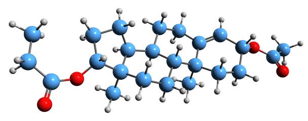 Image 3D de la formule squelettique de propionate d'acétate de testostérone - structure chimique moléculaire du stéroïde anabolisant androgène synthétique isolé sur fond blanc - Photo, image