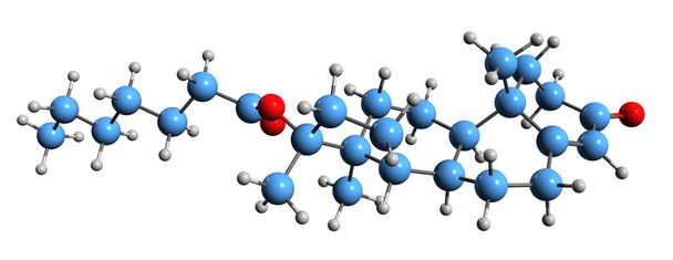  Imagen 3D de la fórmula esquelética del enantato de la testosterona - estructura química molecular de la medicación del andrógeno y del esteroide anabólico aislada en el fondo blanco - Foto, imagen