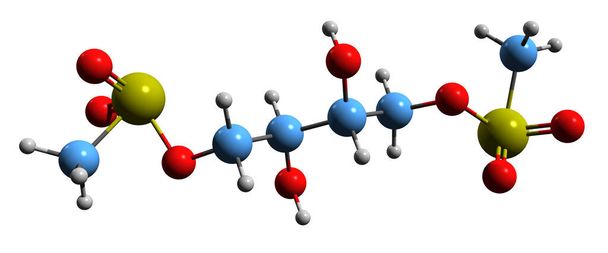 Obraz 3D wzoru szkieletowego Treosulfanu - molekularna struktura chemiczna substancji alkilującej lek Butanetetrol izolowany na białym tle - Zdjęcie, obraz