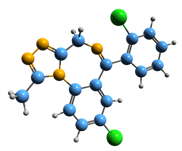  Obraz 3D formuły szkieletowej Triazolam - molekularna struktura chemiczna środka depresyjnego ośrodkowego układu nerwowego izolowanego na białym tle - Zdjęcie, obraz