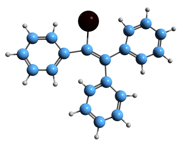 Obraz 3D wzoru szkieletowego trifenyliodoetylenu - molekularna struktura chemiczna syntetycznego niesteroidowego estrogenu jodotrifenyloetylenu izolowanego na białym tle - Zdjęcie, obraz