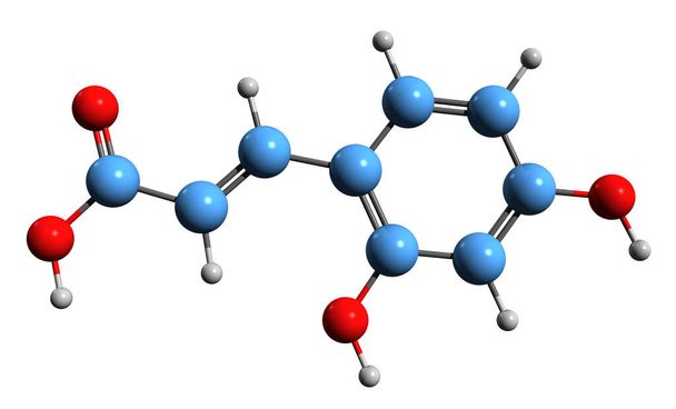 Imagem 3D da fórmula esquelética do ácido umbelico - estrutura química molecular do ácido di-hidroxicinâmico isolado no fundo branco - Foto, Imagem