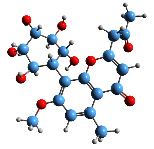  3D зображення Алоесинської скелетної формули - молекулярна хімічна структура Aloe resin B, ізольована на білому тлі. - Фото, зображення