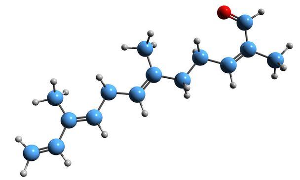 Imagen 3D de la fórmula esquelética alfa-sinensal - estructura química molecular del sesquiterpenoide aislado sobre fondo blanco - Foto, Imagen