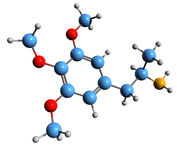  3D obraz formuły szkieletowej a-metylomeskaliny - molekularna struktura chemiczna trimetoksyamfetaminy izolowanej na białym tle - Zdjęcie, obraz