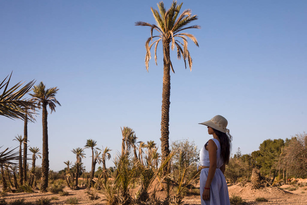 Young tourist with hat enjoying the desert landscape and palm trees that offers the city of Marrakech in its palm grove, this place is very visited in Morocco by tourists. - Foto, afbeelding
