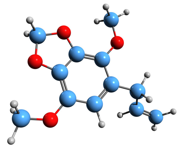  3D-Bild der Apiol-Skelettformel - molekulare chemische Struktur des grünen Öls der Petersilie isoliert auf weißem Hintergrund - Foto, Bild