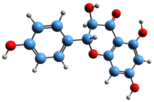  3D изображение скелетной формулы Аромадендрина - молекулярная химическая структура дигидрокампферола, выделенная на белом фоне - Фото, изображение