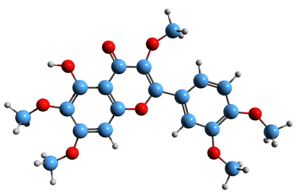 3D obraz kosterního vzorce artemetinu - molekulárně chemická struktura Penta-O-methylquercetagetinu izolovaného na bílém pozadí - Fotografie, Obrázek