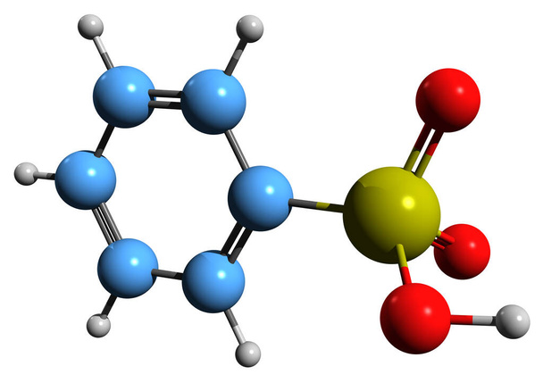 Obraz 3D formuły szkieletowej kwasu benzenosulfonowego - molekularna struktura chemiczna kwasu fenylosulfonowego wyizolowanego na białym tle - Zdjęcie, obraz