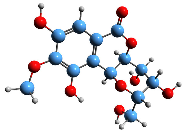  Imagen 3D de la fórmula esquelética de Bergenin: estructura química molecular de la cuscutina de glucósido de ácido trihidroxibenzoico aislada sobre fondo blanco - Foto, Imagen