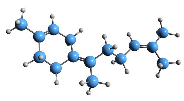  3D-beeld van Bisabolene skeletformule - moleculaire chemische structuur van sesquiterpeen geïsoleerd op witte achtergrond - Foto, afbeelding