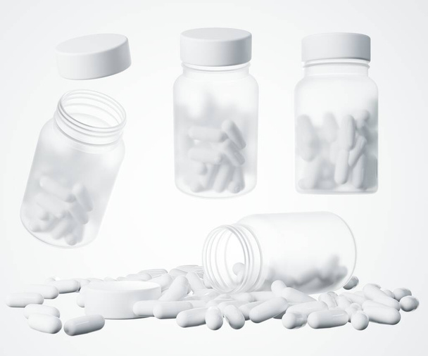 Realistic clear plastic medical jar with white vitamin capsules 3D render, different views of pharmacy container with pills design ready mock-up, commercial template isolated on white background - Photo, Image
