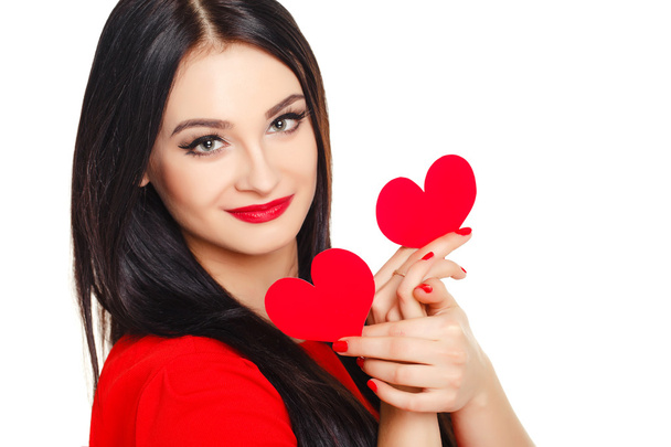 Beautiful woman with valentines day heart. - Фото, изображение