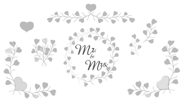 Hääkortti, Lovely Wedding Design Vektor kukka malli häät kortteja herra ja rouva kirjoitus ja herkkä seppele oksat. Eristetty taustalta. Vektori. - Vektori, kuva