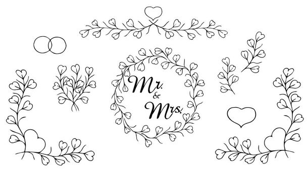 Tarjeta de boda, plantilla floral Lovely Wedding Design Vektor para tarjetas de boda con letras Mr y Mrs y delicada corona con ramas. Aislado en el fondo. Vektor. - Vector, imagen
