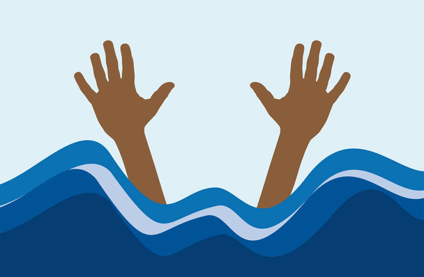 Bather pidiendo ayuda mientras se ahoga. Manos de migrantes que emergen de las olas del mar. Inmigración ilegal. Ilustración vectorial - Vector, imagen