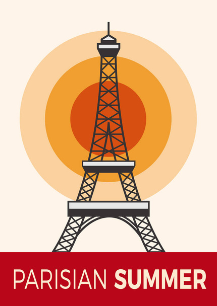 Tour Eiffel, París. Verano parisino, póster y cubierta con sol en diseño plano - Vector, imagen