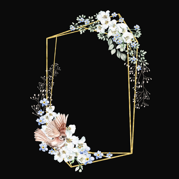 Flor de cerezo, hojas y pájaro. Corona de boda floral. Ilustración en acuarela - Foto, imagen