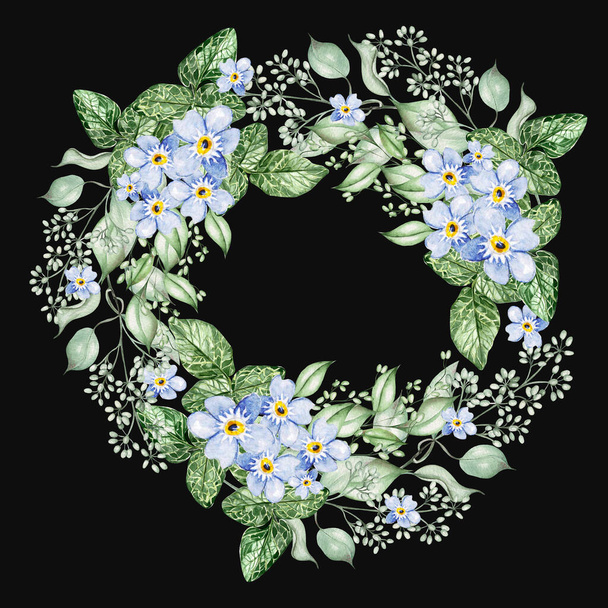 Μικρά μπλε λουλούδια και φύλλα ευκαλύπτου. Λουλουδένιο στεφάνι. Εικονογράφηση υδατογραφίας - Φωτογραφία, εικόνα