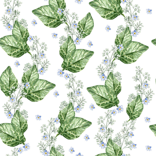 小さな青い花と葉。花のシームレスなパターン。水彩画 - 写真・画像
