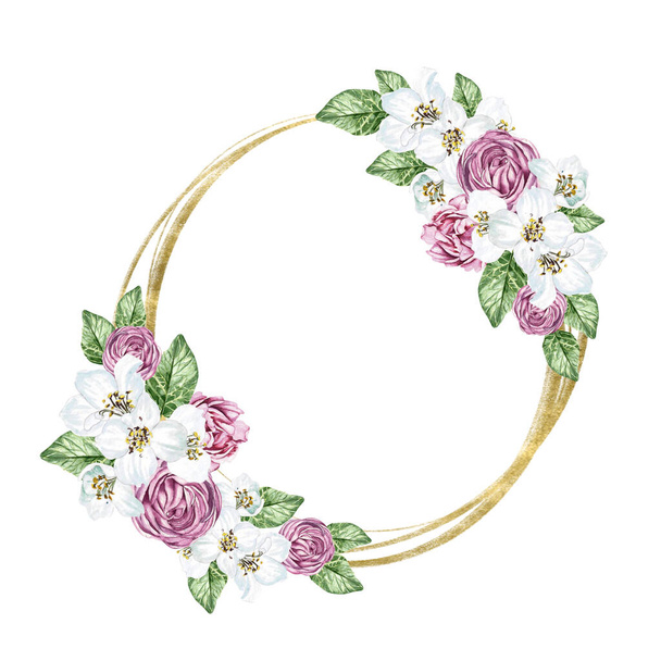 Flower cherry  blossom and roses, green leaves. Floral wedding wreath. Watercolor Illustration - 写真・画像