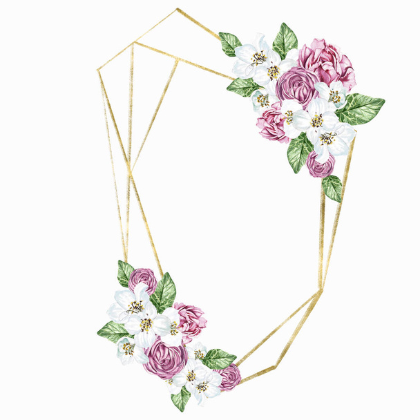 花の桜とバラ、緑の葉。花嫁の花輪。水彩イラスト - 写真・画像