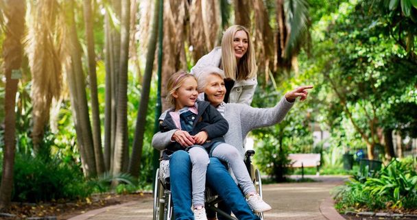 Perheen naiset. iloinen vanha nainen pyörätuolissa viettämässä aikaa tyttärensä ja lapsenlapsensa kanssa puistossa - Valokuva, kuva