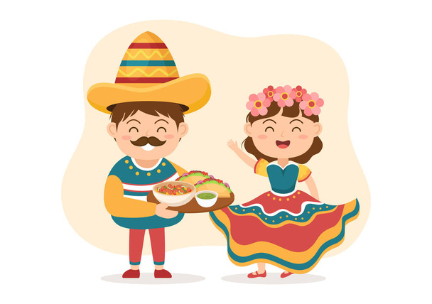 Restaurante de comida mexicana com vários deliciosos tacos de cozinha tradicional, nachos e outros em desenhos animados planos mão desenhos animados modelos ilustração - Vetor, Imagem