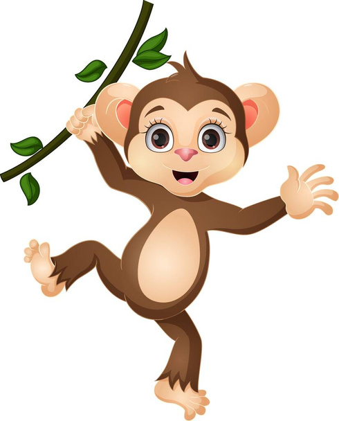 Vector Illustration of Cute little monkey cartoon hanging on tree branch - Vektör, Görsel