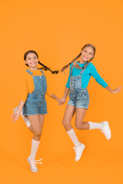 Children ukrainian young generation. Patriotism concept. Girls with blue and yellow clothes. Freedom value. Living happy life in free country. Patriotic upbringing. We are ukrainians. Ukrainian kids. - Фото, зображення