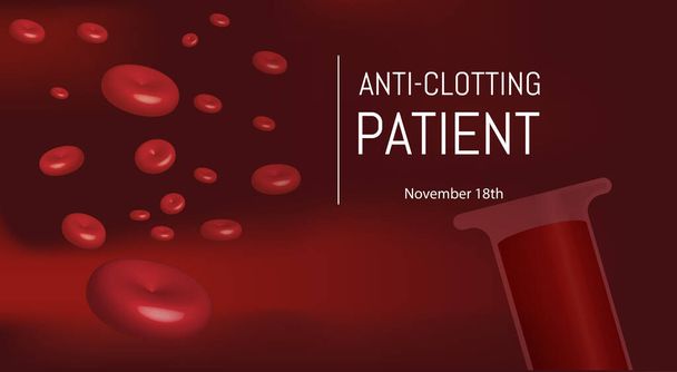 Giornata mondiale del paziente anticoagulato.globuli rossi sullo sfondo rosso e provetta sullo sfondo.18 novembre . - Vettoriali, immagini