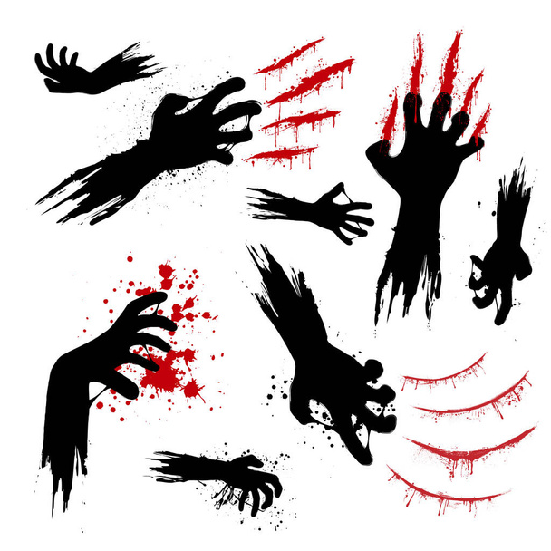 白い背景に隔離された血の塊と傷を持つ黒のグランジゾンビの手のセット - ベクター画像