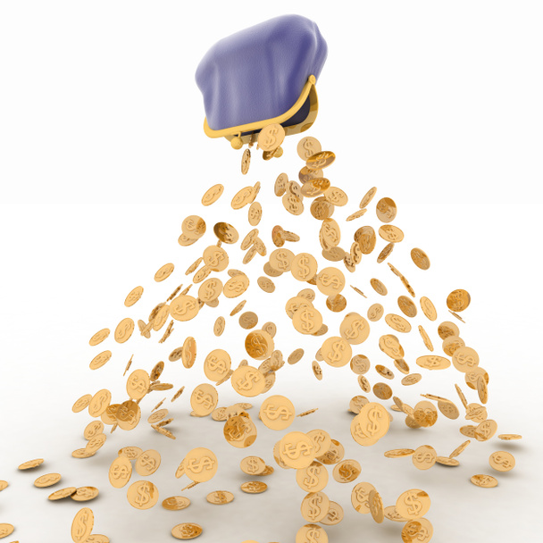 Gold dollar is falling out of the purse. 3d render illustration  on white. - Photo, image