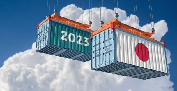 Trading 2023. Freight container with Japan national flag. 3D Rendering  - Foto, afbeelding