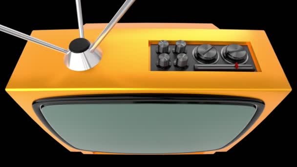 Vintage gele TV ontvanger met groen scherm geïsoleerd op zwarte achtergrond - 3D 4k animatie (3840x2160 px). - Video