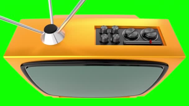 Vintage sárga TV készülék zöld képernyővel - 3D 4k animáció (3840x2160 px). - Felvétel, videó