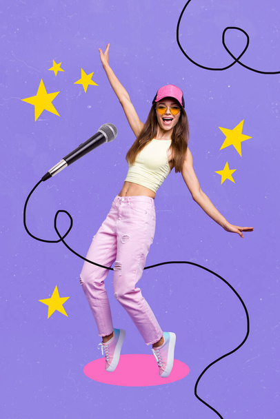 Creative retro 3d magazine image of cheerful positive lady having fun singing songs isolated painting background. - Фото, зображення