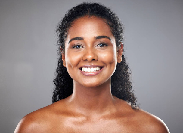 Skincare, model and beauty with black woman in studio for hygiene, grooming and pamper with mockup. Face, portrait and woman relax, happy and smile for wellness cosmetics, treatment and cleaning. - Zdjęcie, obraz