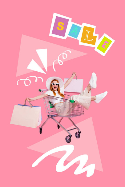 Creative 3d photo artwork graphics painting of happy funny lady driving shopping having fun isolated drawing background. - Φωτογραφία, εικόνα