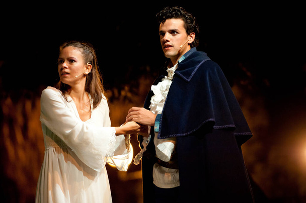 CANARY ISLANDS-OCTOBER 27: Actors Nati Vera and Ruben Dario acting in Desmontando a Don Juan, based on Don Juan Tenorio written by Jose Zorrilla, October 27, 2011 in Canary Islands, Spain - Photo, Image