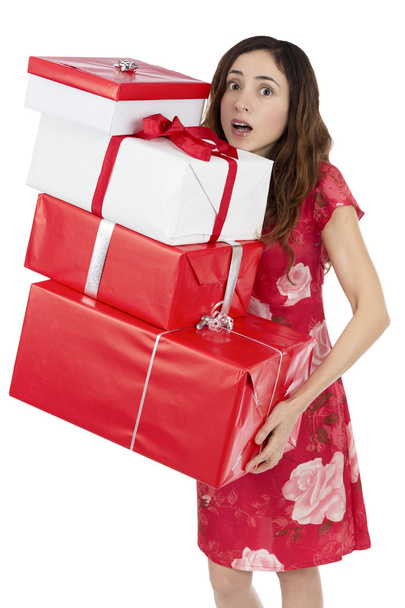 Valentines day woman tired of carrying heavy gift packages - Foto, afbeelding